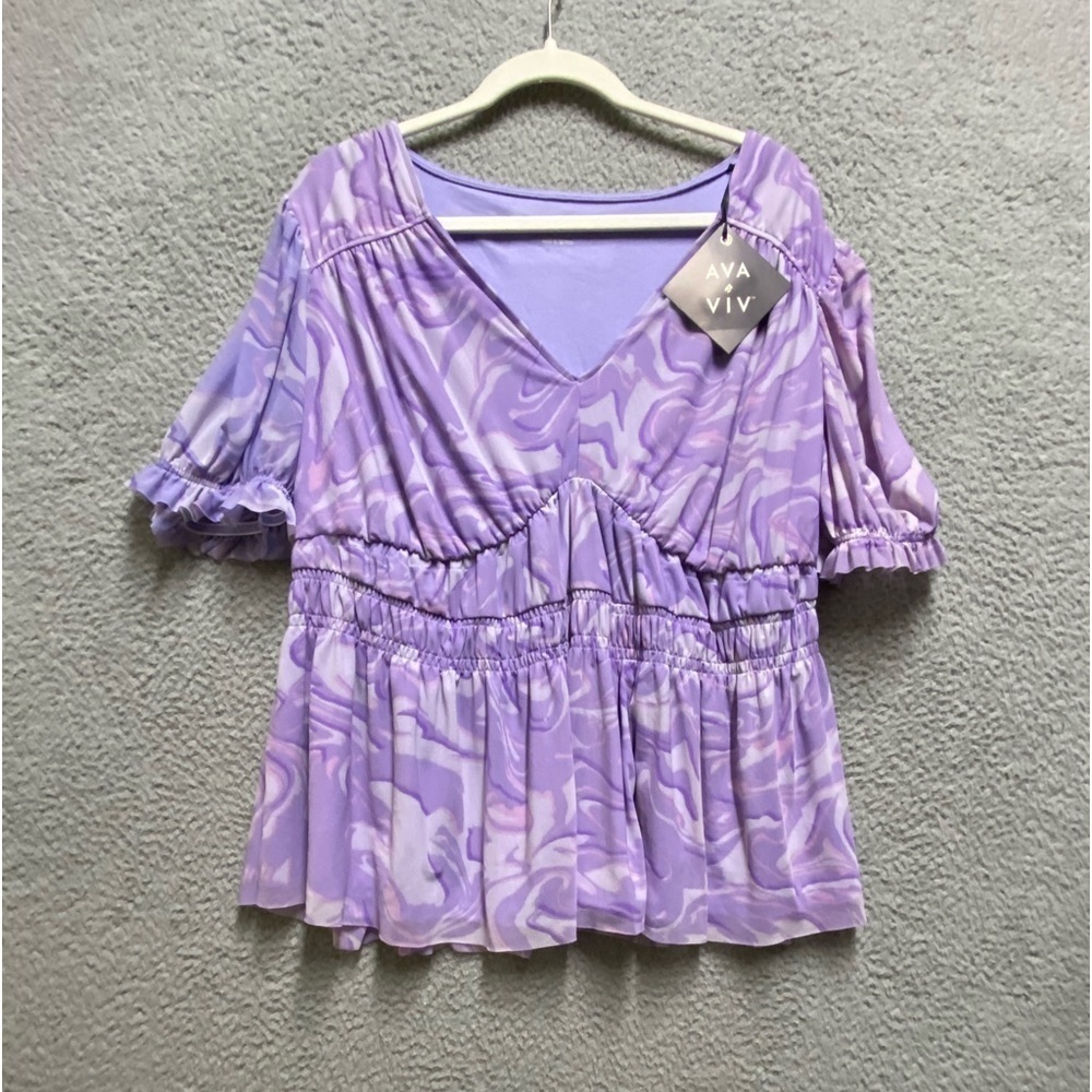 Ava & Viv Womens Purple Swirl Mesh Blouse Lined Puff Sleeve Peplum Waist Size X
